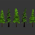 Five Green Paper Pine Trees With Reflections On Gray Background