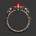 Unique Metallic Ring With Red Gemstone And Skull Design Braided Texture
