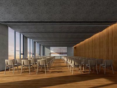 Spacious Modern Conference Room With Large Windows Wooden Walls And Light Colored Chairs 3d model