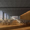 Spacious Modern Conference Room With Large Windows Wooden Walls And Light Colored Chairs