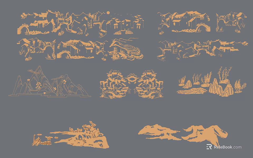 Hand Drawn Landscape Elements with Mountain River Building and Nature Scenes 3d model