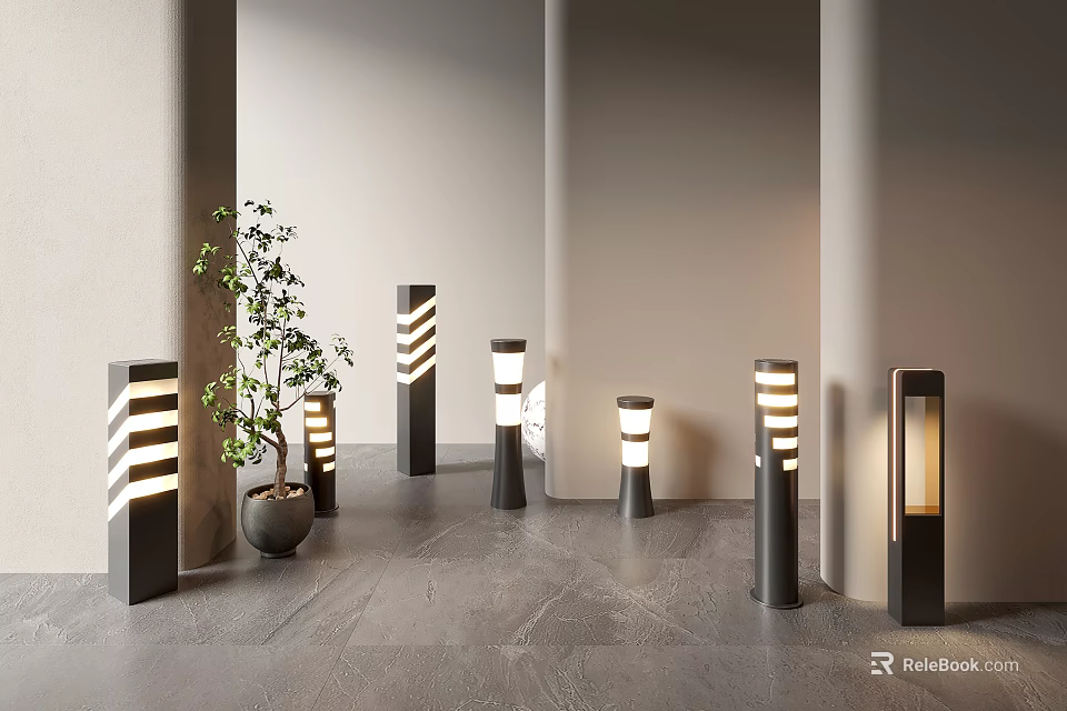 Modern Outdoor Pathway Lights With Striped Design For Courtyard And Corridor 3d model 