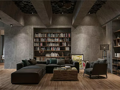 Modern Living Dining Room Interior With Dark Sofa Wooden Coffee Table Bookshelf And Concrete Walls 3d model