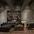 Modern Living Dining Room Interior With Dark Sofa Wooden Coffee Table Bookshelf And Concrete Walls