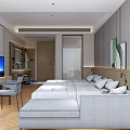 Modern Hotel Room Interior With Plaid Panel Wall TV Screen And Washbasin Mirror