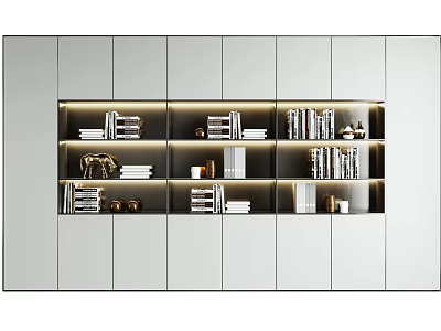 Modern White Built In Bookcase Design With Illuminated Shelves And Decorative Books 3d model