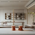 Modern Minimalist Tea Room With Long Table Stools And Shelves 3d model