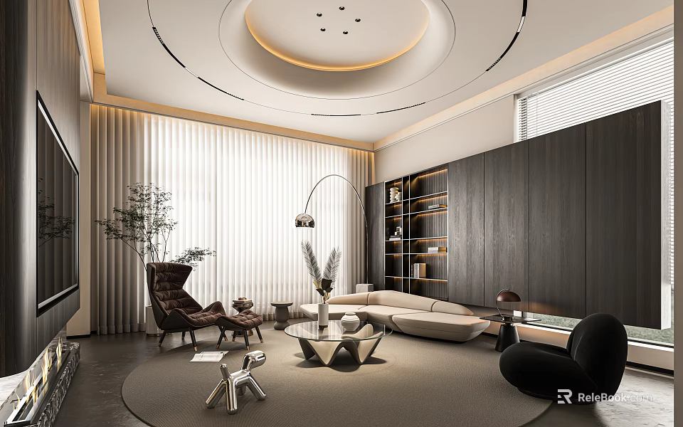 Modern Living Room Interior Design With Sofa Coffee Table Floor Lamp Bookshelf And Plant 3d model 