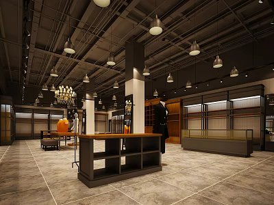 Modern Clothing Store Interior With Pendant Lights Display Cabinets Mannequin And Tile Floor 3d model
