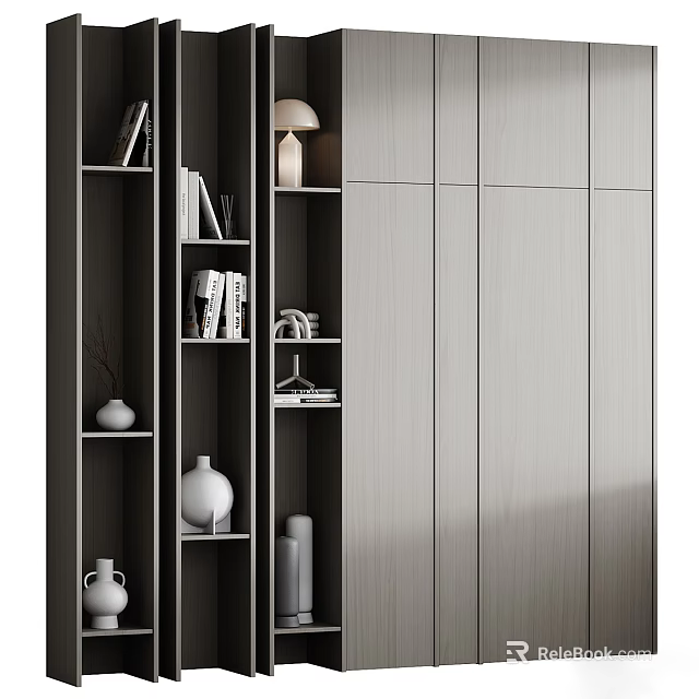 Modern Sleek Bookcase Interior Design With Books Decorative Vases And Lamp 3d model