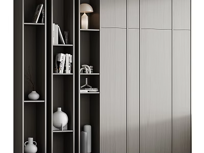 Modern Sleek Bookcase Interior Design With Books Decorative Vases And Lamp 3d model