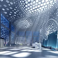 Modern Reception Desk Interior Design With Grid Ceiling Lighting And Glass Wall Background 3d model