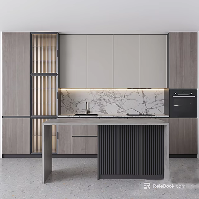 Modern Kitchen Cabinets Featuring Wooden And White Design With Marble Countertop Island And Lighting 3d model 