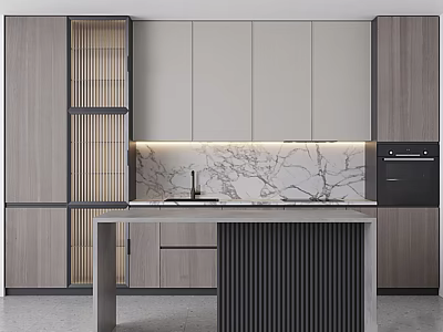 Modern Kitchen Cabinets Featuring Wooden And White Design With Marble Countertop Island And Lighting 3d model