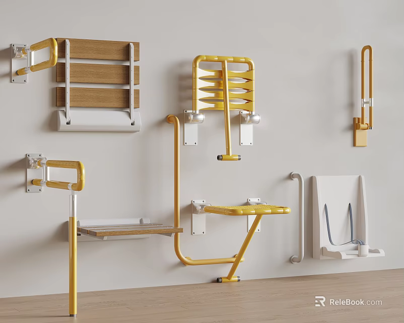 Bathroom Safety Grab Bars Shower Seats And Wall Mounted Shelves With Gold Finish 3d model 