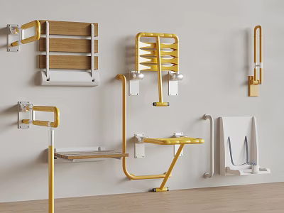 Bathroom Safety Grab Bars Shower Seats And Wall Mounted Shelves With Gold Finish 3d model