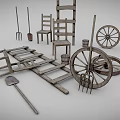 Rustic Wooden Farm Tools Collection Featuring Ladder Chairs Wheels Fork Shovel Planks And Bucket