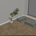 Light Green Tufted Ottoman with Wooden Legs near Window on Wooden Floor with Green Plant