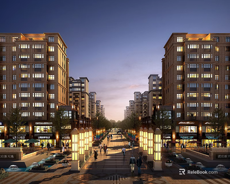 Multi Story Illuminated Residential Buildings With Street Pedestrians Ground Floor Shops And Evening Lights 3d model 