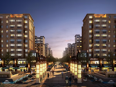 Multi Story Illuminated Residential Buildings With Street Pedestrians Ground Floor Shops And Evening Lights 3d model