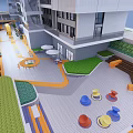 Modern Commercial Street Featuring Orange Decorative Structure Outdoor Seating Bar Stools And Tiled Floor