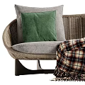Curved Multi Person Sofa with Woven Frame Gray Cushions Green Pillows and Plaid Blanket