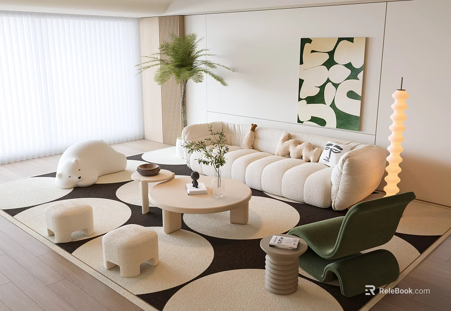 Beige Sofa Coffee Table Set with Green Armchair Stools Decorative Painting Palm Plant on Rug 3d model 