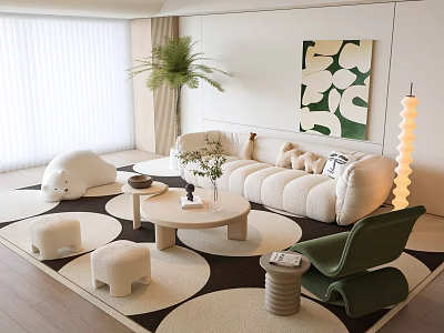 Beige Sofa Coffee Table Set with Green Armchair Stools Decorative Painting Palm Plant on Rug 3d model