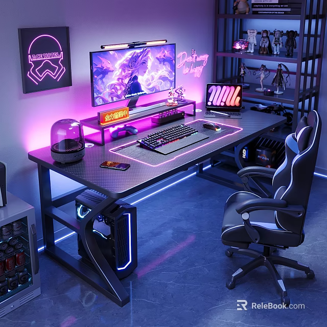 Ergonomic Gaming Desk And Chair Set With LED Lights And Computer Game Accessories 3d model 