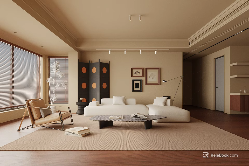 Elegant Modern Living Room Interior With Beige Sofa Coffee Table And Wooden Floor 3d model 