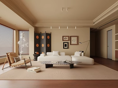 Elegant Modern Living Room Interior With Beige Sofa Coffee Table And Wooden Floor 3d model