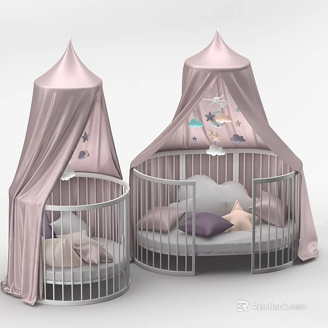 Dome Shaped Kids Bed with Pink Canopy Star Moon Decorations and Metal Railings 3d model 