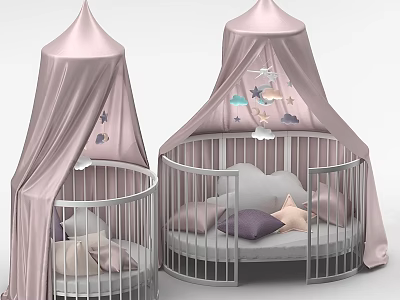 Dome Shaped Kids Bed with Pink Canopy Star Moon Decorations and Metal Railings 3d model