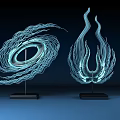 White Decorative Ornament Set with Spiral and Flame Shapes Black Base on Blue Background