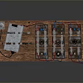 Multiple Rusted Batteries Arranged on Metal Rack with Power Supply Unit
