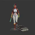 Female Character In White Bodysuit With Brown Red Coat Holding Blue Gun And Green Creature