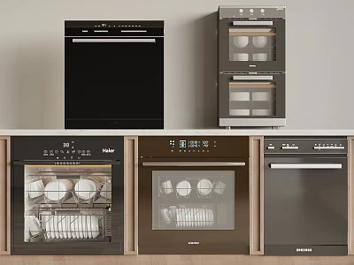 Modern Kitchen Appliances Featuring Built in Oven And Dishwasher With Black And Wooden Panel Design 3d model