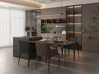 Modern Restaurant Interior With Open Kitchen Gray Cabinets Island Dining Table And Hanging Lights 3d model