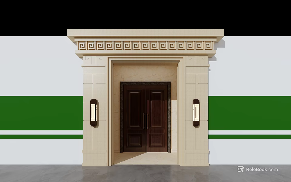 Classic Entrance Gate Featuring Wooden Door Stone Frame And Wall Lamps 3d model 