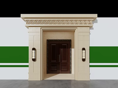 Classic Entrance Gate Featuring Wooden Door Stone Frame And Wall Lamps 3d model