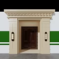 Classic Entrance Gate Featuring Wooden Door Stone Frame And Wall Lamps