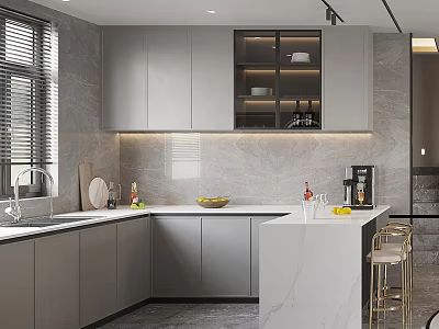 Modern Kitchen Interior Design With Gray Cabinets Marble Countertops Island Counter And Bar Stools 3d model