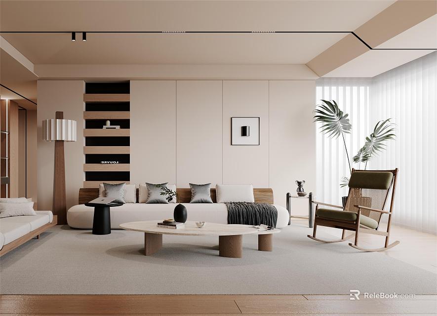 Modern Neutral Tones Living Room Interior With Sofa Pillows Coffee Table Armchair And Palm Plant 3d model 