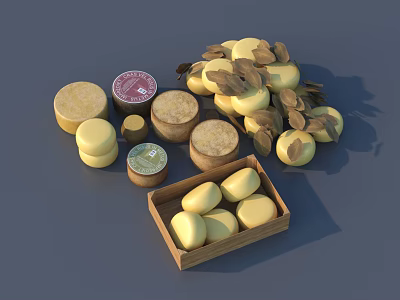 Various Types And Shapes Of Cheese Round Square Pieces In Wooden Box Jars With Leaves 3d model