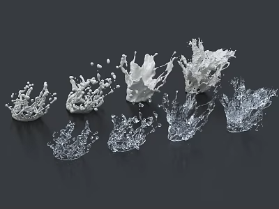 Various Water Splash 3D Models in Transparent and White on Black Background 3d model