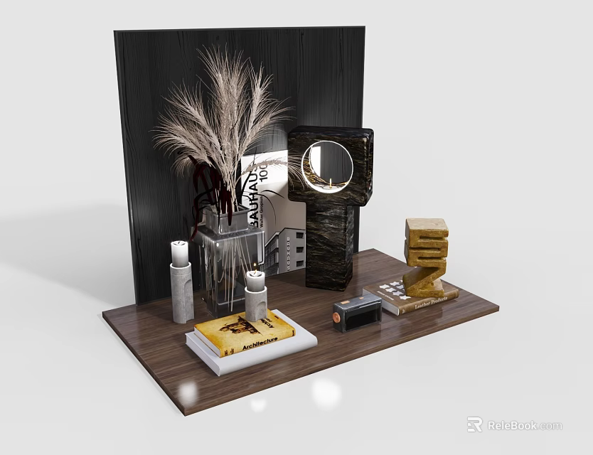 Decorative Ornament Set With Wooden Tray Glass Vase Pampas Grass Golden Books And Mirrored Decor 3d model 