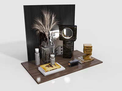Decorative Ornament Set With Wooden Tray Glass Vase Pampas Grass Golden Books And Mirrored Decor 3d model