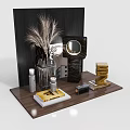 Decorative Ornament Set With Wooden Tray Glass Vase Pampas Grass Golden Books And Mirrored Decor