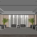 Modern Elegant Hotel Public Lounge With Wooden Walls Gray Sofas Green Plants And Area Rug
