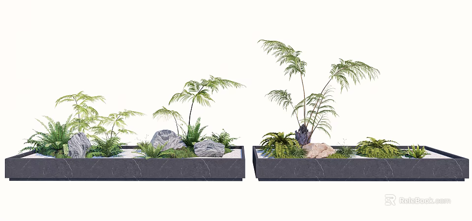 Bonsai Potted Plants With Ferns And Stones In Black Rectangular Containers 3d model 